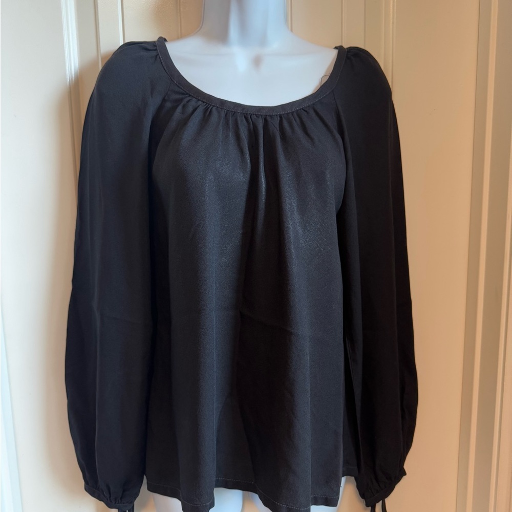 80’s Gunne Sax Black Crepe Scoop Neck Long Sleeve Blouse w/Bow Tie Wrists, Sz 5